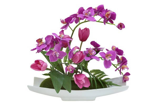 Декоративные цветы Орхидея сиреневая c тюльпанами на керам подставке - DG-JA6102 Dream Garden