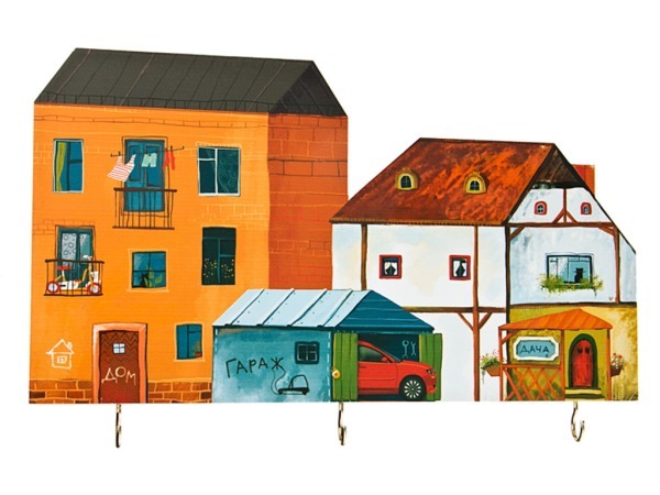 Ключница с авторским рисунком "дом,гараж,дача" на 3 ключа 35*22 см.мдф+латунь Фотьев В.а. (28-307) 