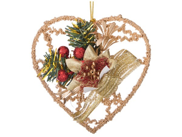 Декоративное изделие "подвеска на елку "сердечко с золотым цветком" высота=15 см (кор=72/144 шт.) Polite Crafts&gifts (160-160)