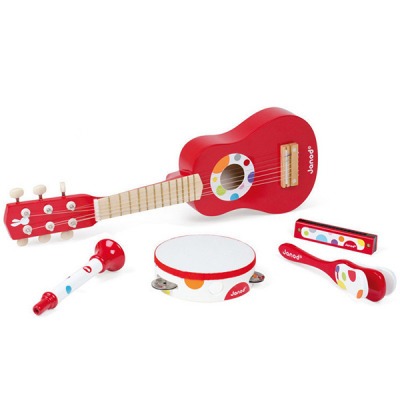 Набор красных музыкальных инструментов - гитара, бубен, губная гармошка, дудочка, трещотка (bj07626)