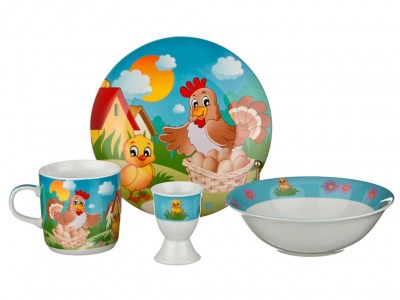 Наборы посуды на 1 персону 4пр.:миска,тарелка,кружка 200 мл.,подставка под яйцо Hangzhou Jinding (87-082) 