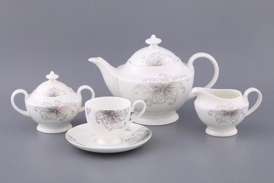 Чайный сервиз на 6 персон 15 пр." серебряный цветок" 1100/200 мл. Porcelain Manufacturing (440-122) 