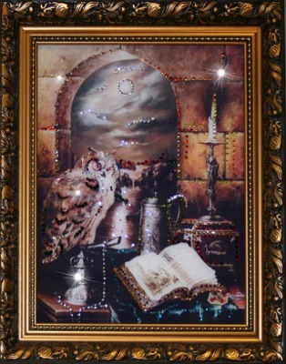 Картина Филин на книгах с кристаллами Swarovski (1301)