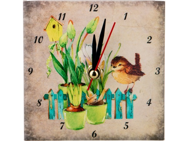 Часы "птичка и крокусы" 10*10 см. Ооо "глассмун" (354-1315) 