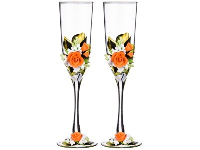 Набор свадебных бокалов из 2-х шт. 180 мл. рисунок: оранжево-белая роза (135-5260) 