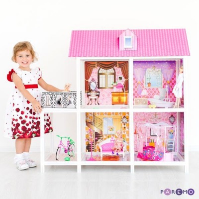 2-этажный кукольный дом с 4 комнатами, мебелью, 3 куклами и велосипедом в наборе (PPCD116-02)