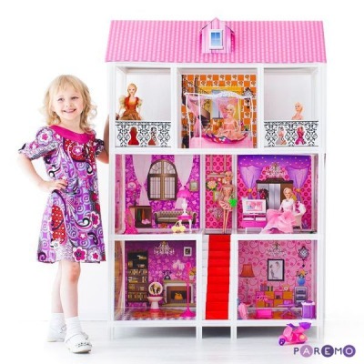 3-этажный кукольный дом с 5 комнатами, лестницей, мебелью и 5 куклами в наборе (PPCD116-05)
