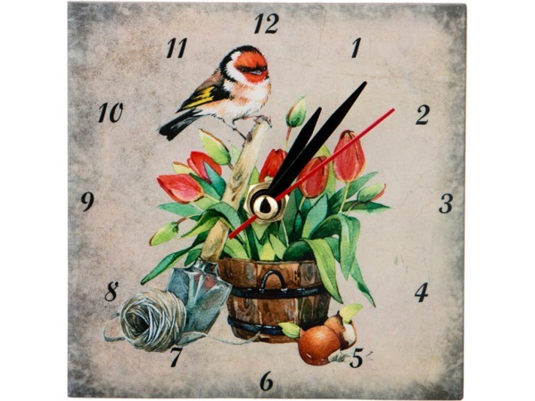 Часы "птичка и тюльпаны" 10*10 см. (кор=1шт.) ООО "глассмун" (354-1313)