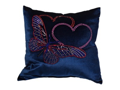 Декоративная подушка 35*35 "бабочка любви", стразы, бархат, х/ф, синий (703-408-7) 