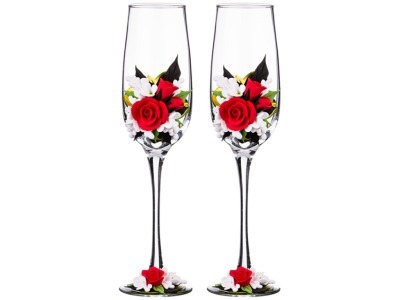 Набор свадебных бокалов из 2-х шт. 180 мл. рисунок: красная роза (135-5259) 