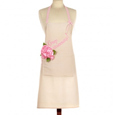 Фартук,вышивка "супер хозяюшка", твил, съемный элемент-розовые цветы (703-052-3) 