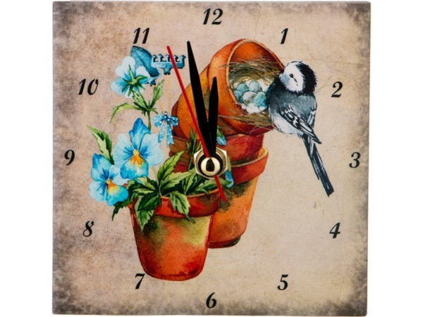 Часы "птичка и фиалки" 10*10 см. Ооо "глассмун" (354-1316) 